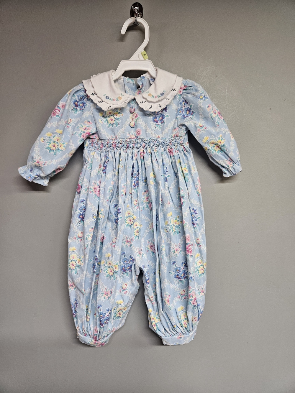 Vintage Rosey Kids 9 Month Blue Floral Romper Long Sleeve